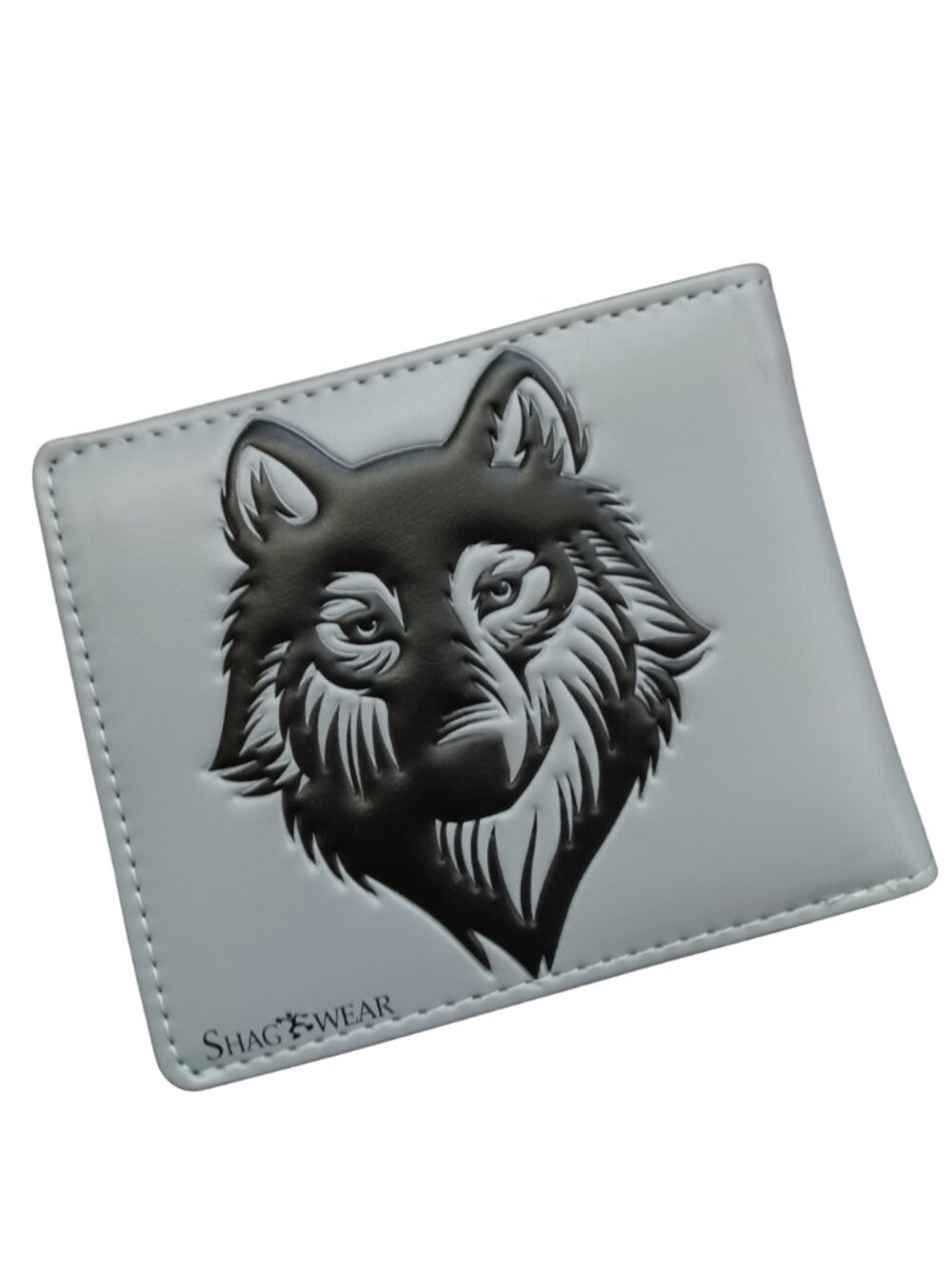 Shag Wear Embossed Wolf Face in Black on light Gray background bifold wallet